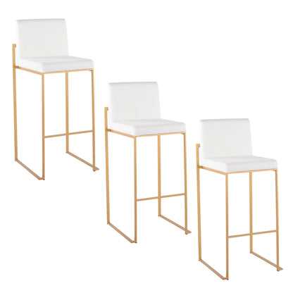 Contemporary high-back bar stool set with white upholstery and gold frames, 3 stools on Tampa Home & Garden Store