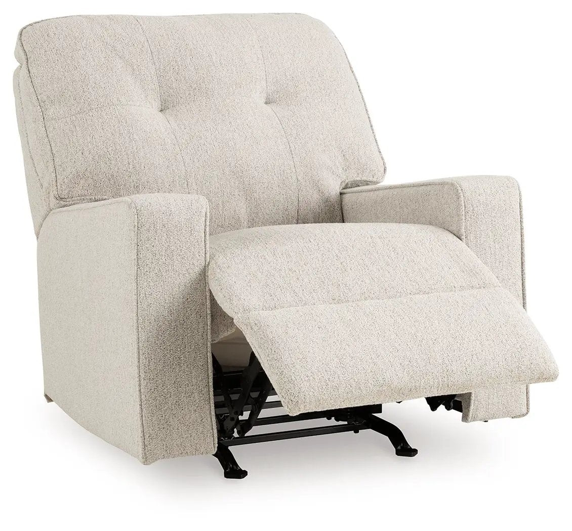 Larimer Rocker Recliner by Unique Piece Furniture in beige fabric with extended footrest on Tampa Home & Garden Store