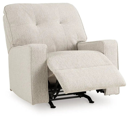 Larimer Rocker Recliner by Unique Piece Furniture in beige fabric with extended footrest on Tampa Home & Garden Store