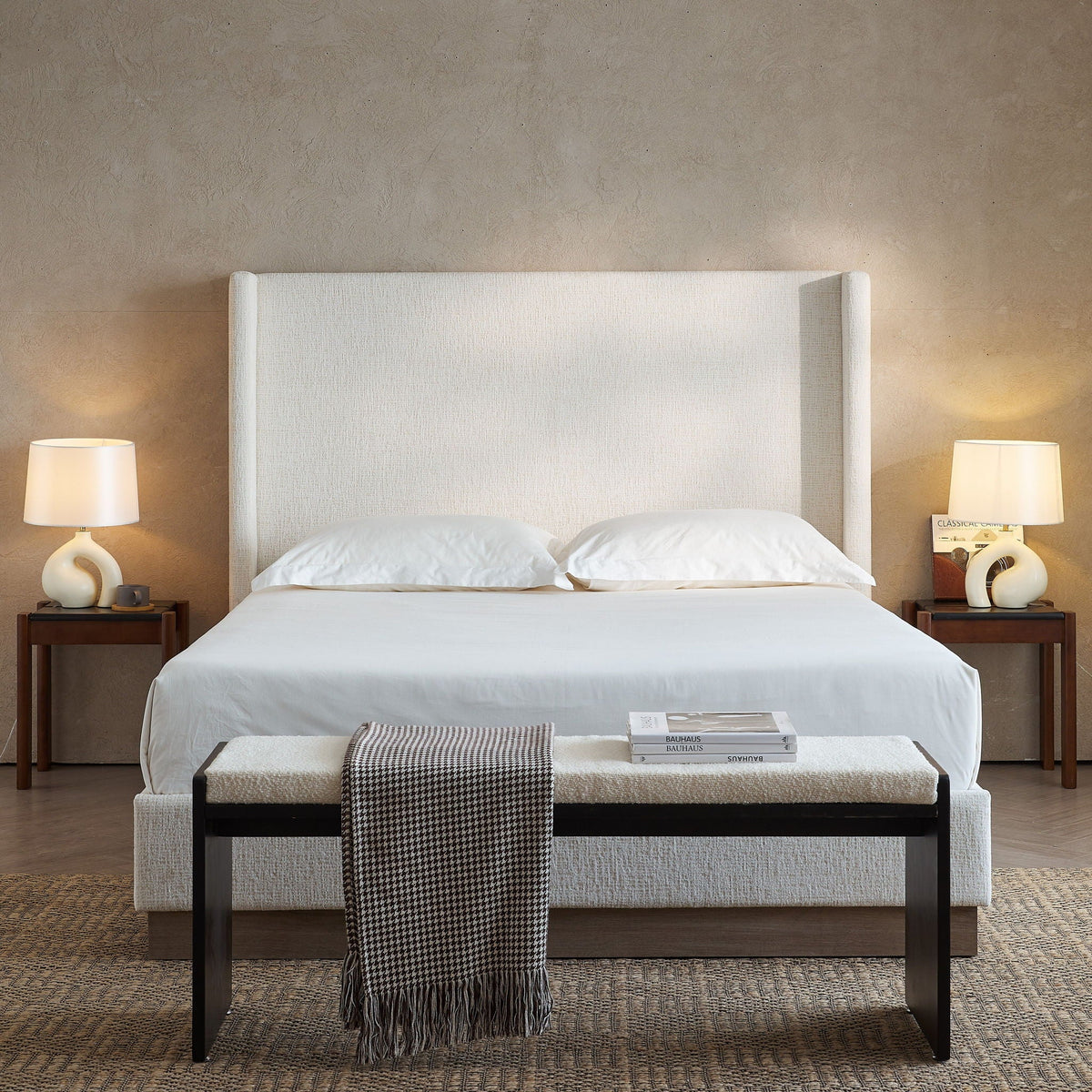 Hosford ivory upholstered wingback bed with wood base by HouseOfZazla on Tampa Home & Garden Store