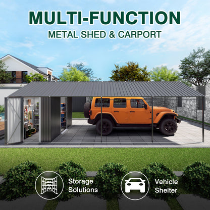 12x25 ft galvanized steel carport with shelter and shed by HouseOfZazla, gray metal roof on Tampa Home & Garden Store