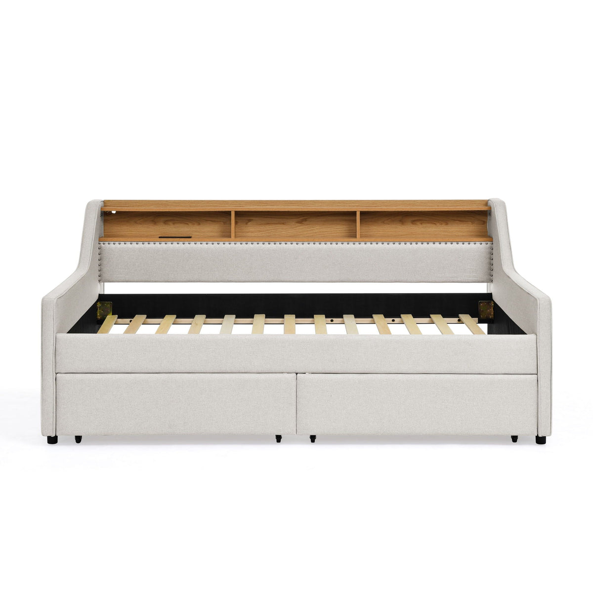 Twin upholstered storage bed in beige fabric with wood headboard shelf and two drawers on Tampa Home & Garden Store