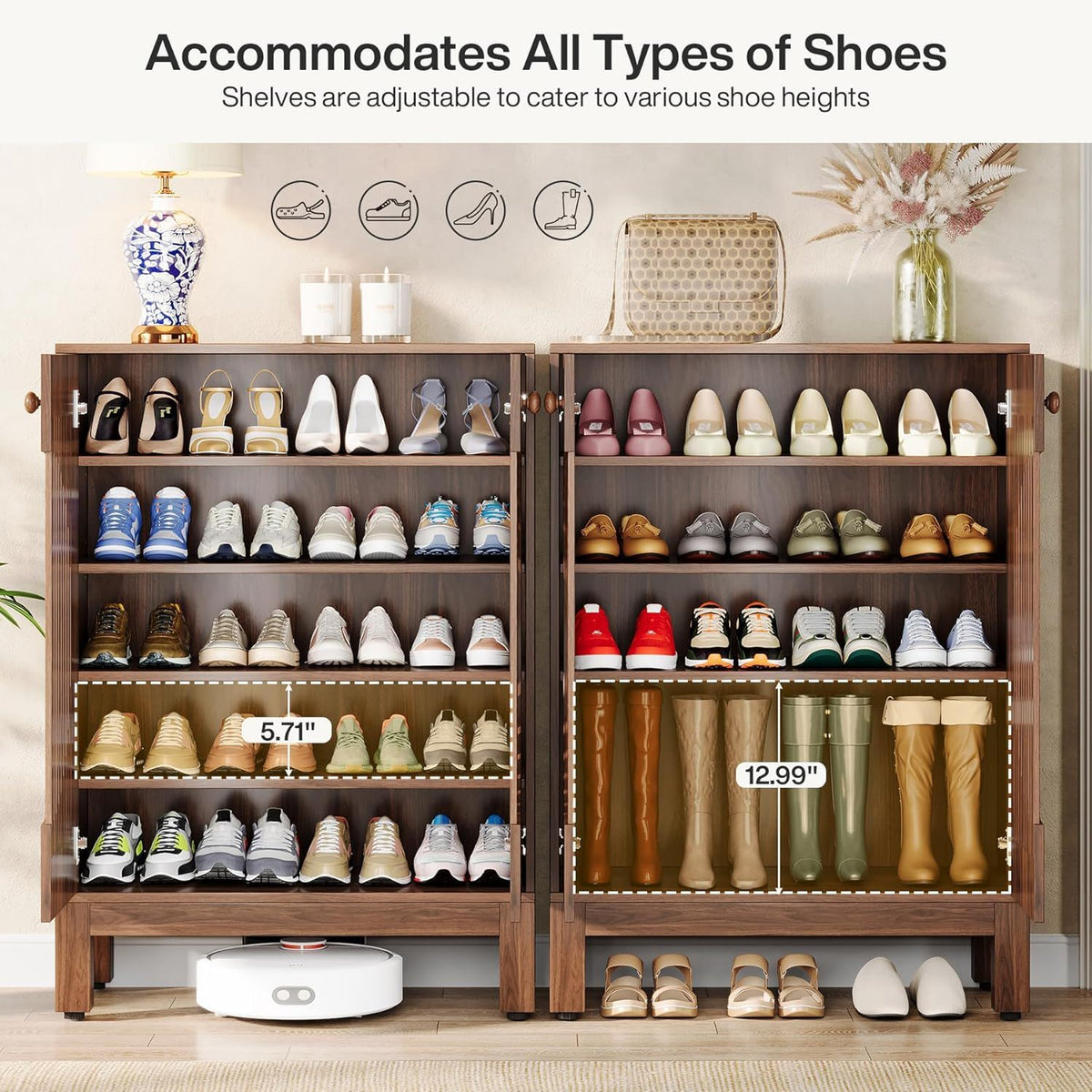 5 Tier Shoe Cabinet with Louvered Doors brown 2-unit set with organized shoes on Tampa Home & Garden Store