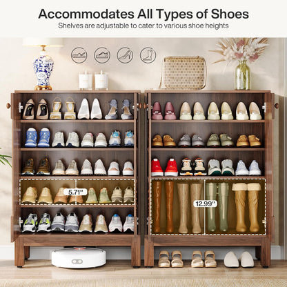 5 Tier Shoe Cabinet with Louvered Doors brown 2-unit set with organized shoes on Tampa Home & Garden Store