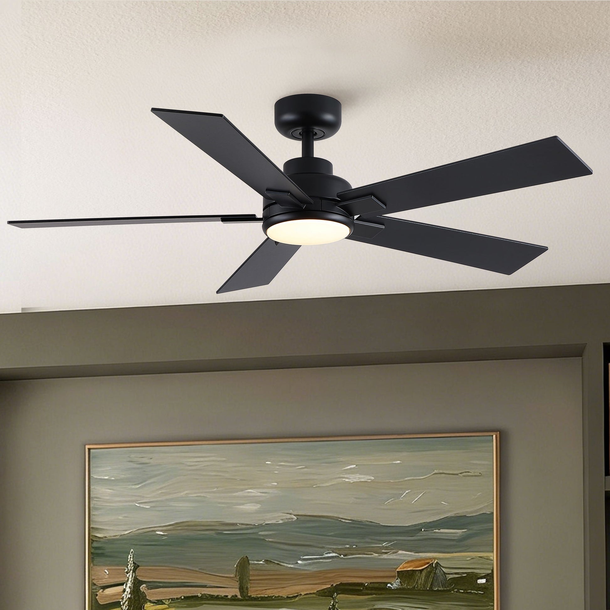 Ceiling fan with integrated LED light by HouseOfZazla, black finish, dimmable, reversible on Tampa Home & Garden Store