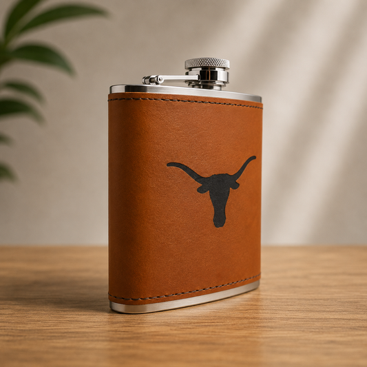 Texas Longhorns leather flask with tan leather wrap featuring longhorn silhouette and silver cap on Tampa Home & Garden Store