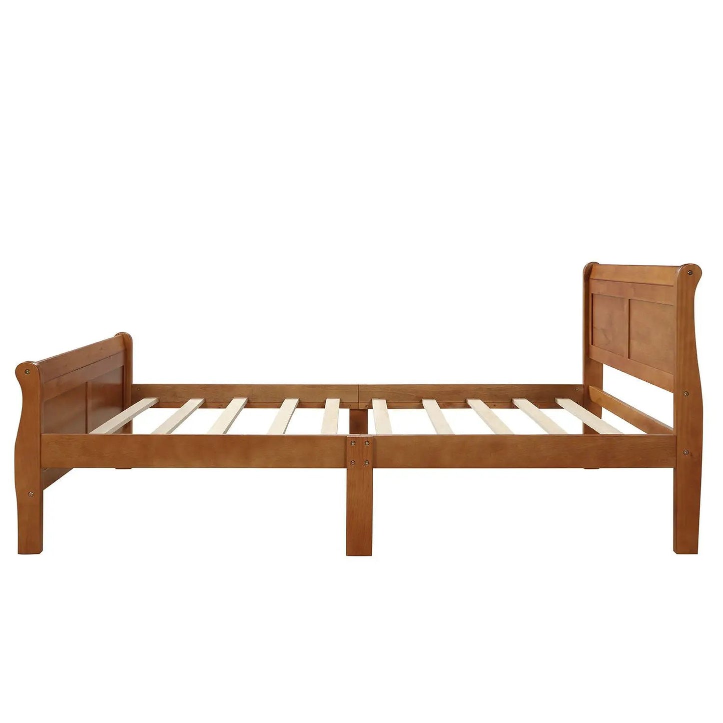 Platform bed frame with sleigh headboard and footboard in warm wood with wood slat support on Tampa Home & Garden Store