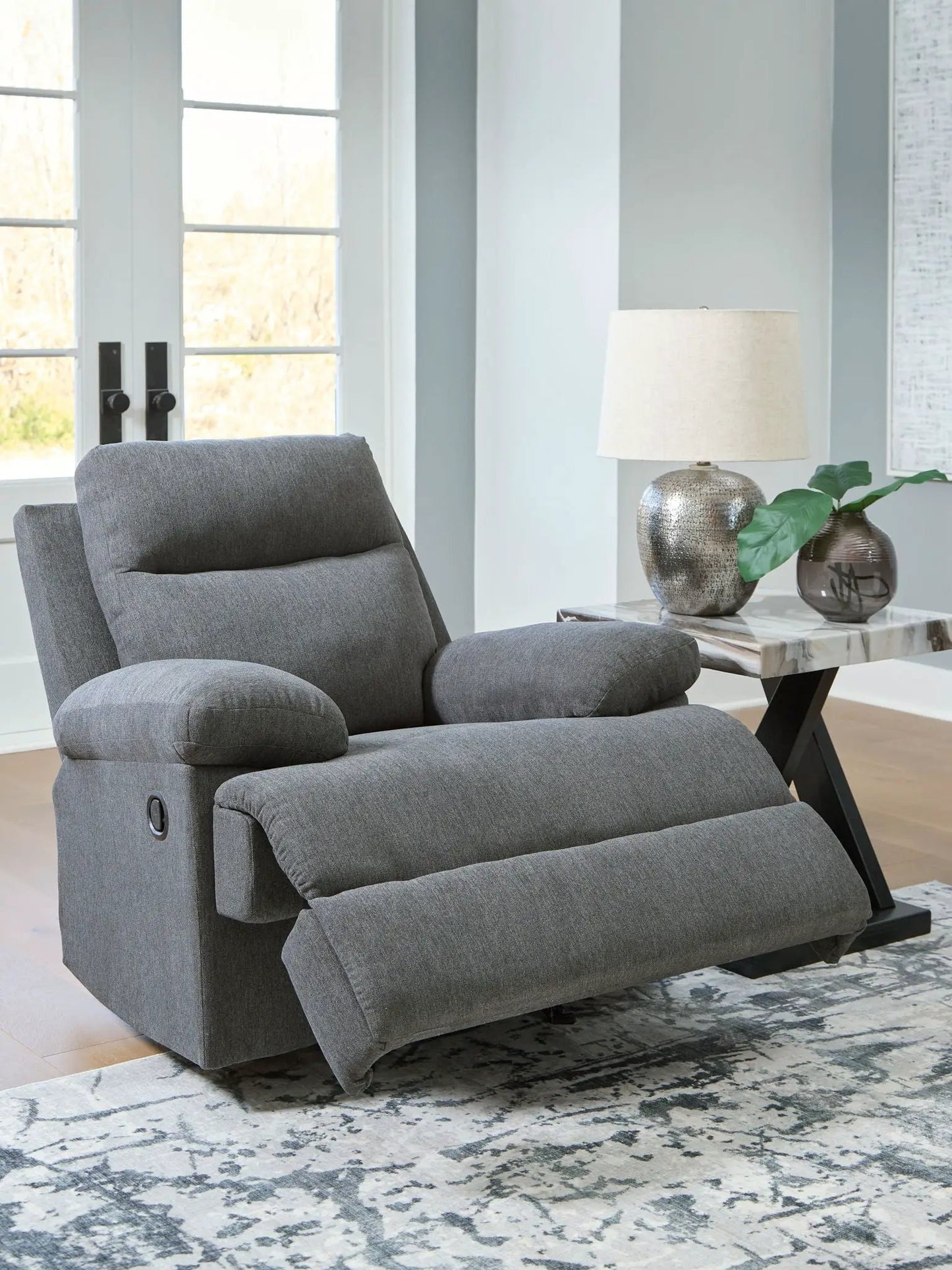 Side-Swipe Rocker Recliner in gray fabric by Unique Piece Furniture on Tampa Home & Garden Store