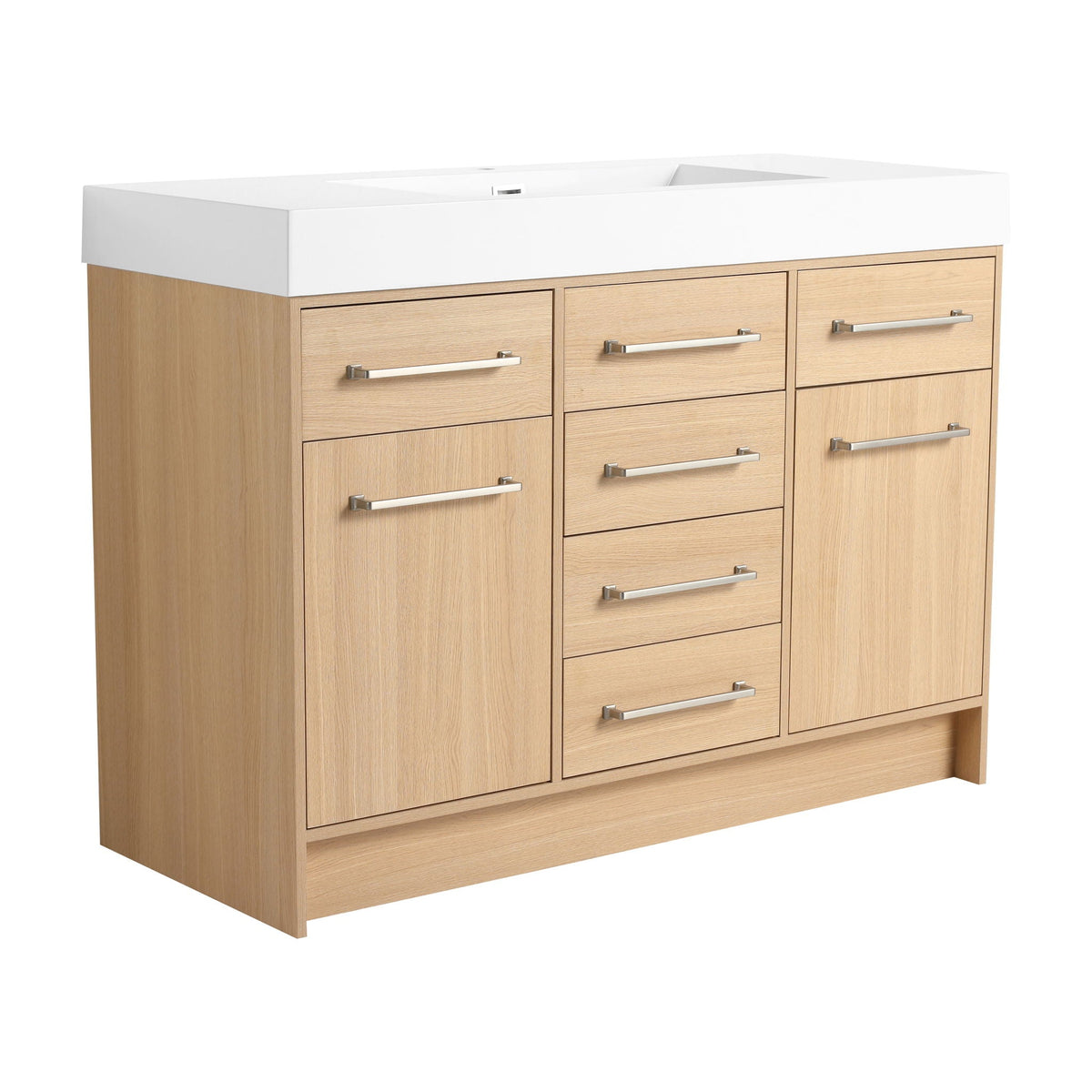 Freestanding vanity by HouseOfZazla with white resin sink top, light oak finish, softclose doors on Tampa Home & Garden Store