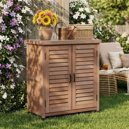 Potting bench with storage cabinet and metal top in wood with sunflowers and copper can on Tampa Home & Garden Store