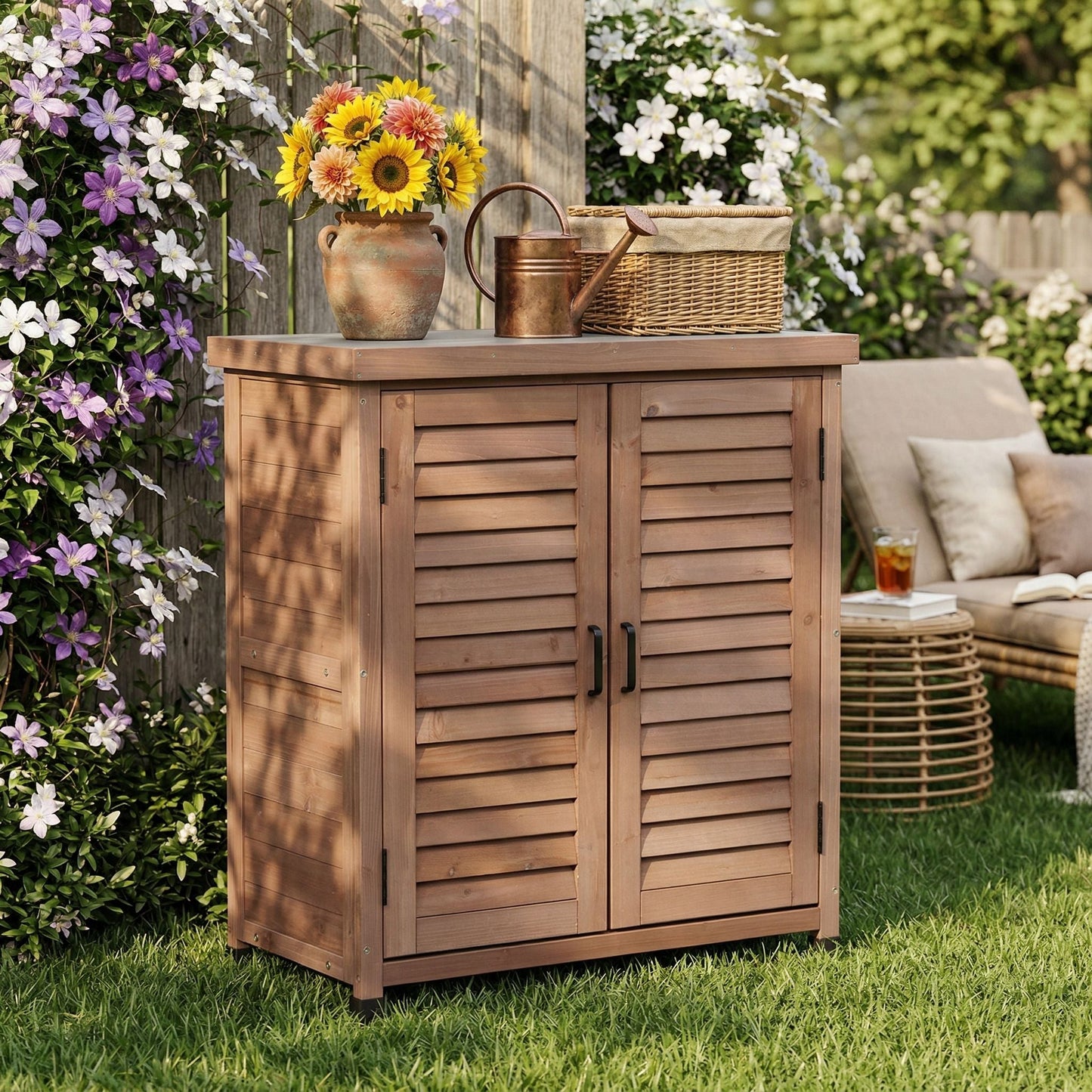 Potting bench with storage cabinet and metal table top outdoors with copper watering can on Tampa Home & Garden Store
