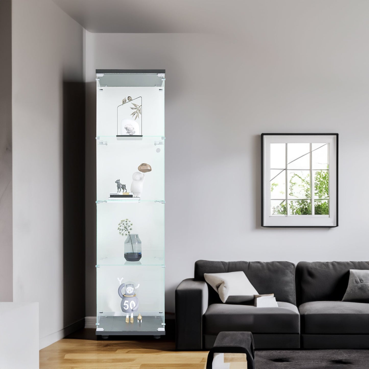 4 glass display cabinets with door shelves, floor standing antique bookshelf, 64.7 "* 16.7" * 14.3 ", black - Tampa Home & Garden Store