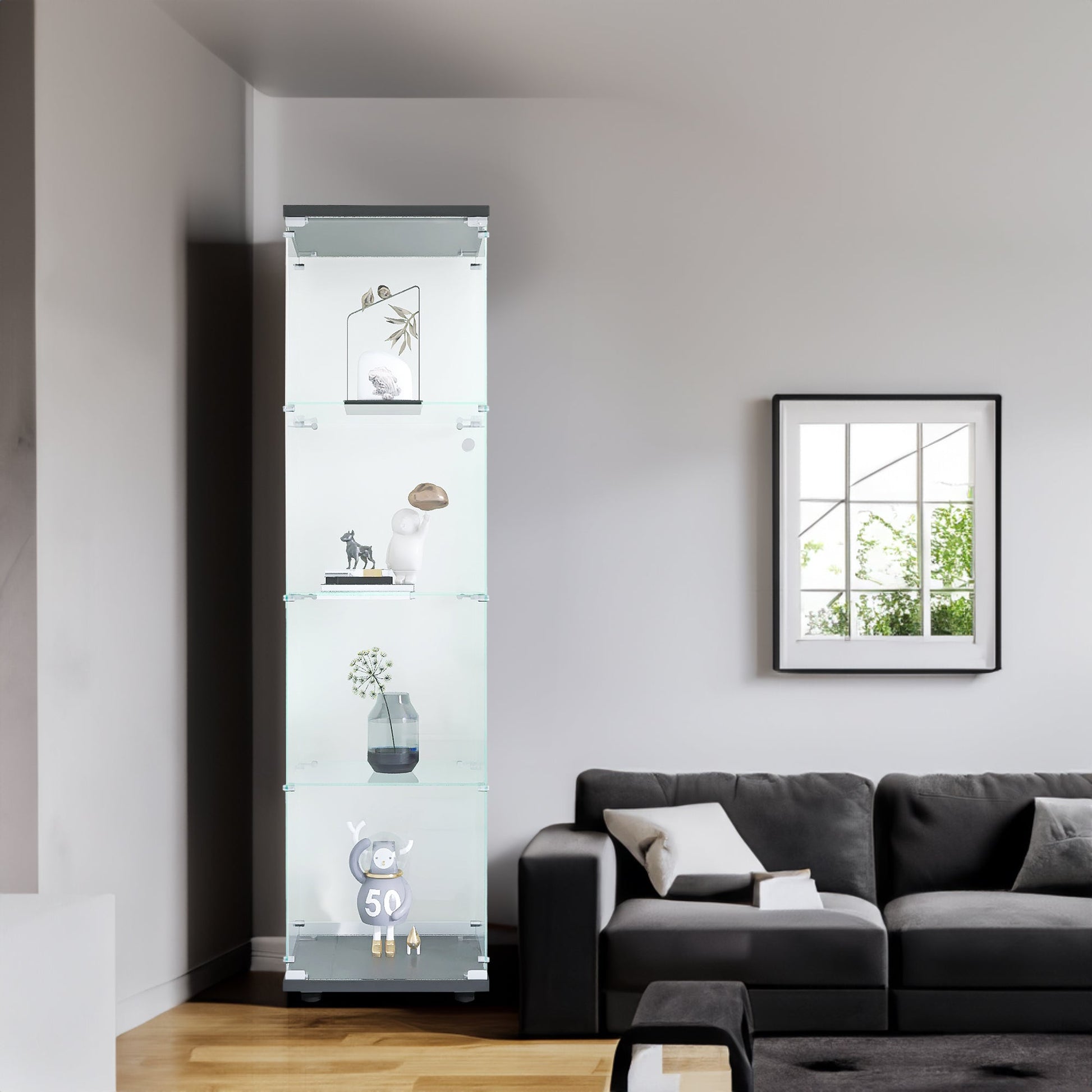 4 glass display cabinets with door shelves, floor standing antique bookshelf, 64.7 "* 16.7" * 14.3 ", black - Tampa Home & Garden Store