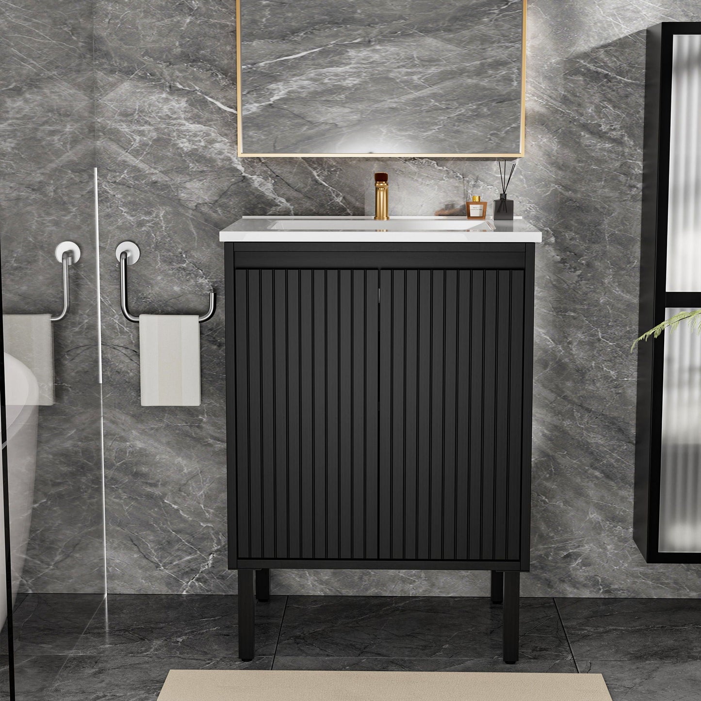 Bathroom vanity with ceramic sink, black cabinet, white countertop, soft-closing drawers on Tampa Home & Garden Store