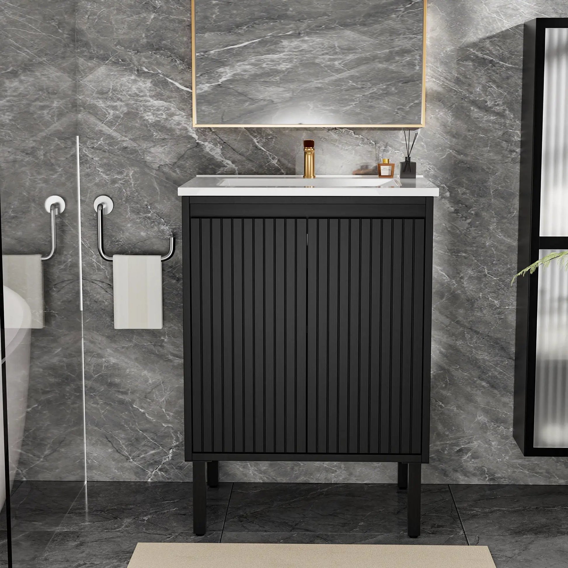 Bathroom vanity with ceramic sink, black cabinet, white countertop, soft-closing drawers on Tampa Home & Garden Store