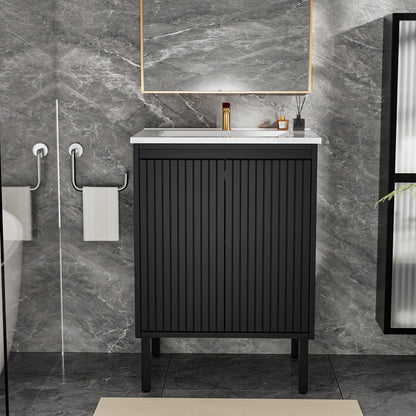 Bathroom vanity with ceramic sink, black cabinet, white countertop, soft-closing drawers on Tampa Home & Garden Store