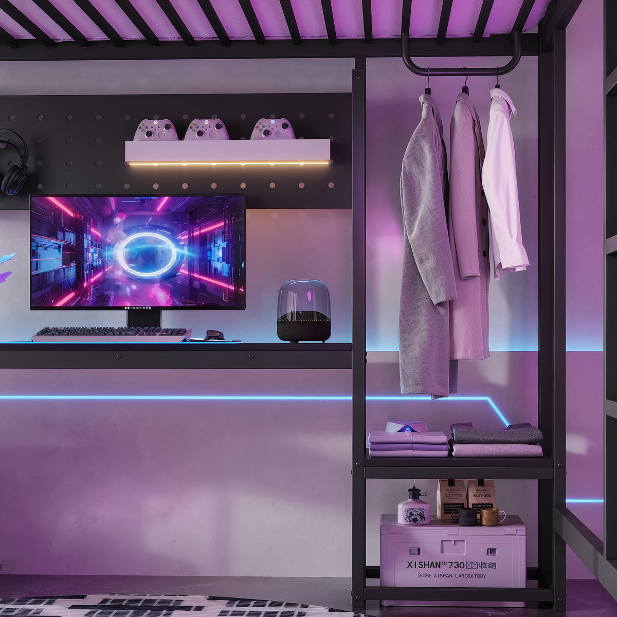 Queen loft bed with black metal frame and built-in desk; three controllers on shelf with purple lighting on Tampa Home & Garden Store