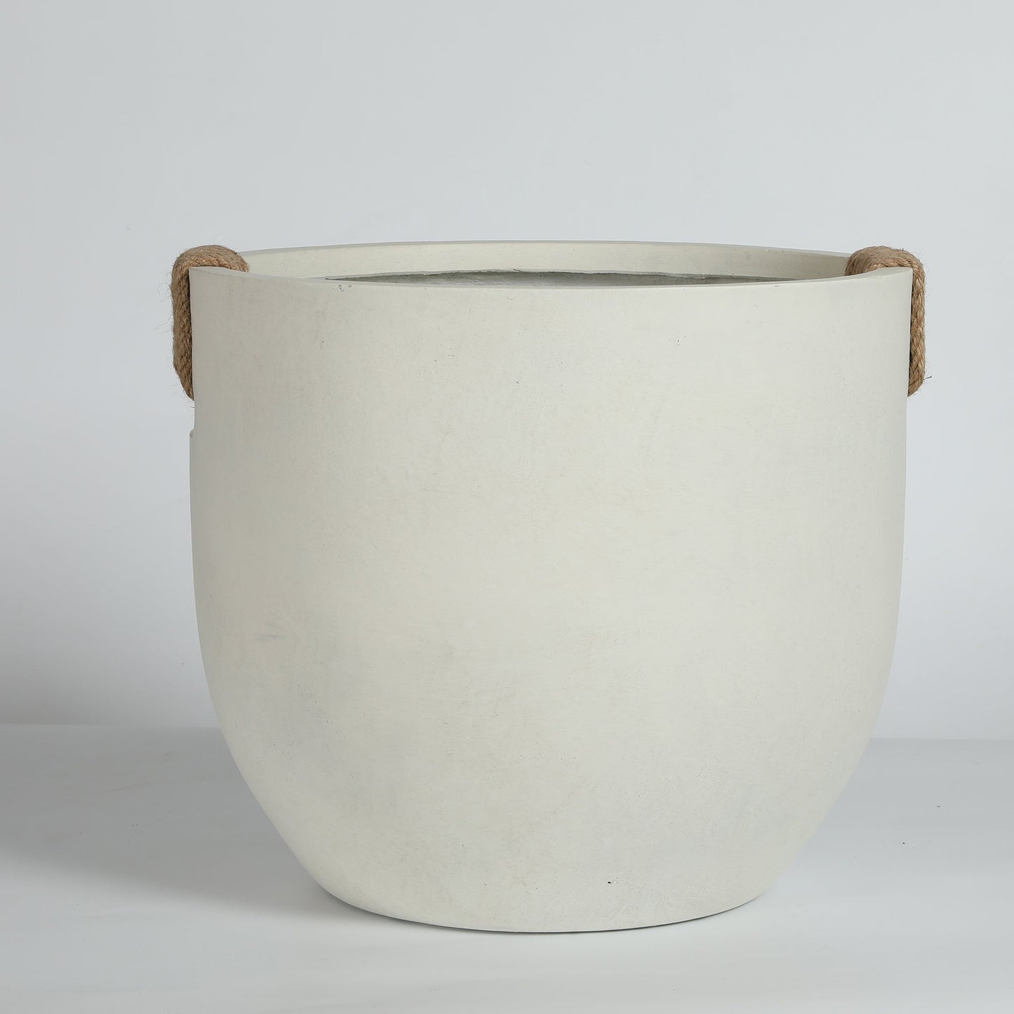 Round concrete planter set of 2, large handmade off-white pots with jute rope handles on Tampa Home & Garden Store