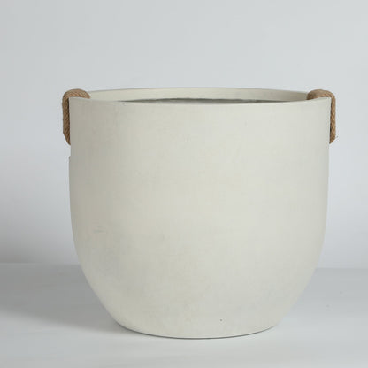Round concrete planter set of 2, large handmade off-white pots with jute rope handles on Tampa Home & Garden Store