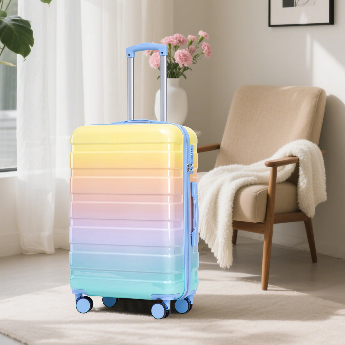3-Piece PC Spinner Wheel Luggage Set pastel gradient hard-shell with blue trim on Tampa Home & Garden Store