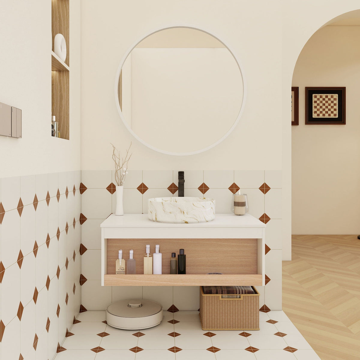 Floating bathroom vanity with vessel sink, white cabinet with wood drawer, HouseOfZazla on Tampa Home & Garden Store