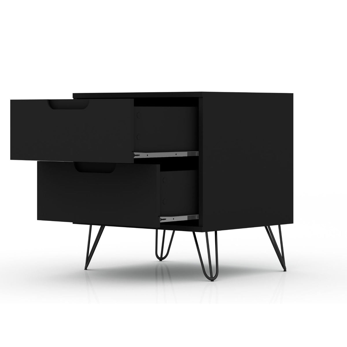 2 Drawer Nightstand with durable splayed metal legs in black finish on Tampa Home & Garden Store