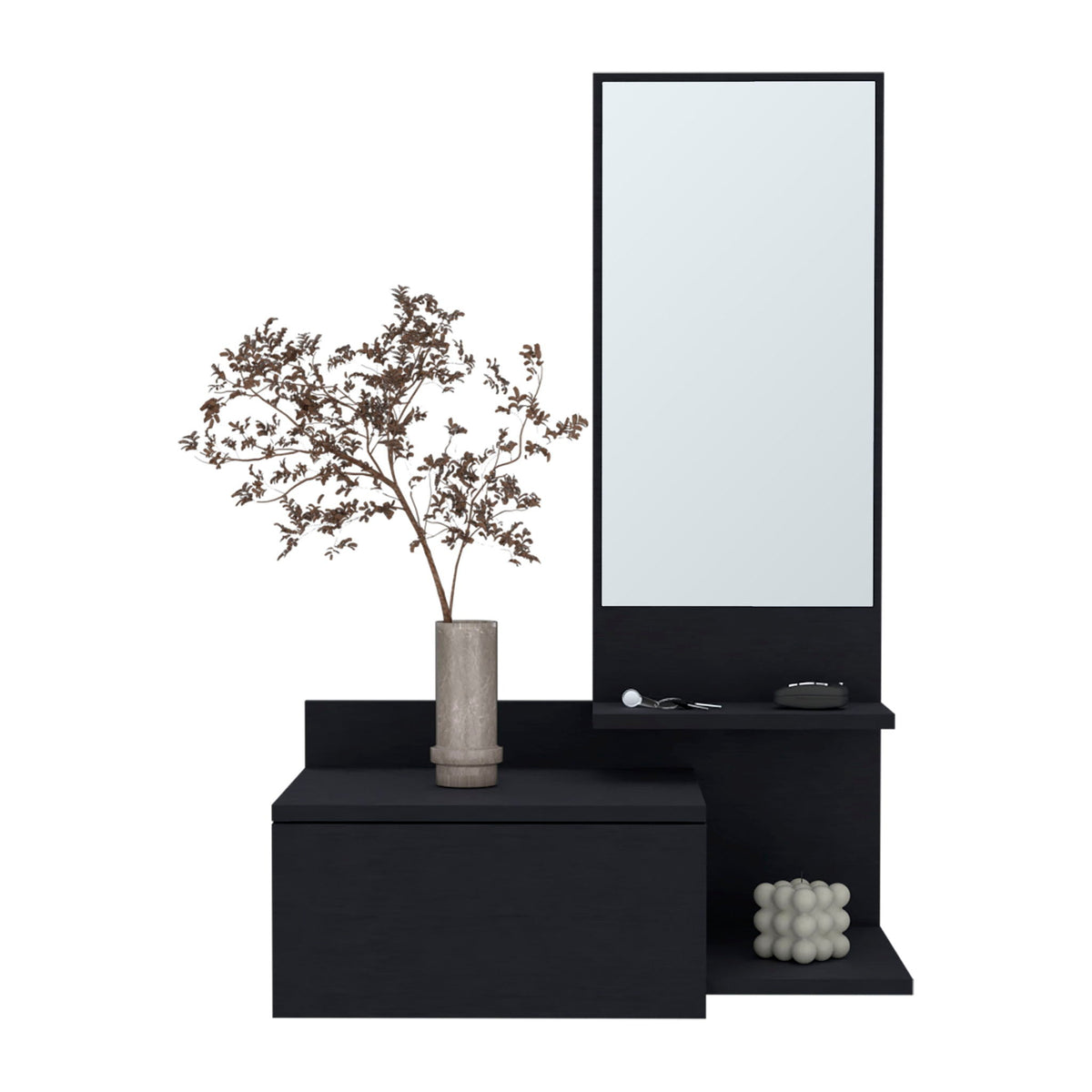 Lowell Floating Hallway Cabinet and Mirror, black framed tall mirror atop a dark cabinet base on Tampa Home & Garden Store
