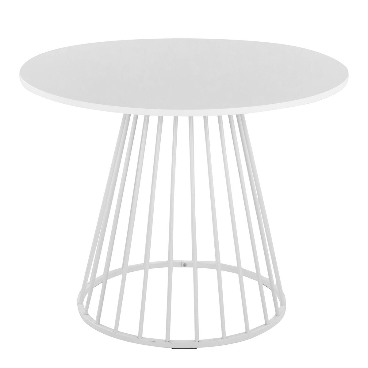 Contemporary round white dining table with a metal cage base and slender legs on Tampa Home & Garden Store