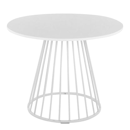 Contemporary round white dining table with a metal cage base and slender legs on Tampa Home & Garden Store