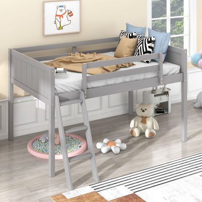 Low loft bed in gray wood with ladder, HouseOfZazla, beige duvet and blue pillows on Tampa Home & Garden Store