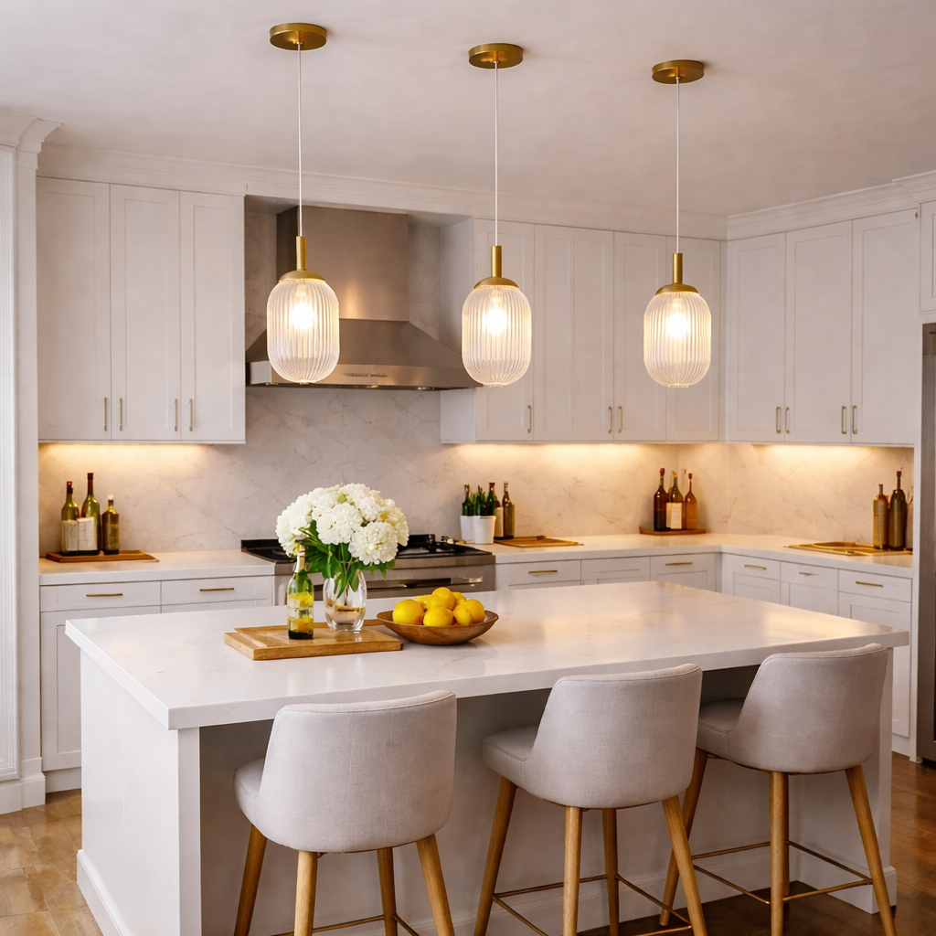 Gemma Pendant Lamp, brass pendant lights with ribbed glass shades over white island; 3 pendants on Tampa Home & Garden Store