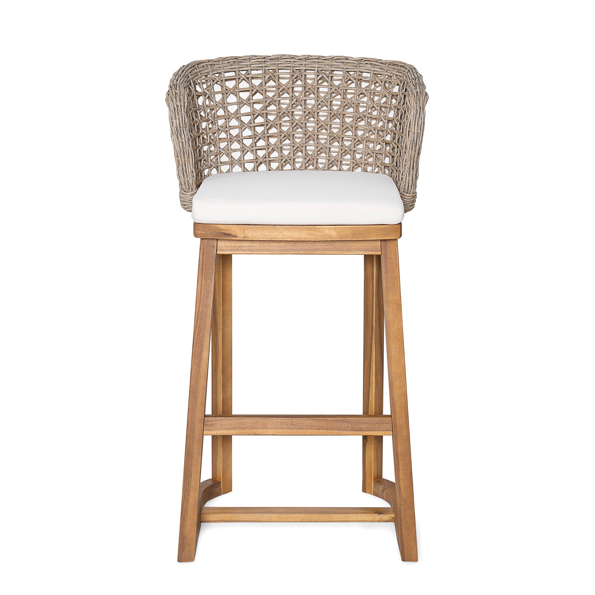 Outdoor Acacia Wood Bar Stool by HouseOfZazla with woven back and white cushion on Tampa Home & Garden Store
