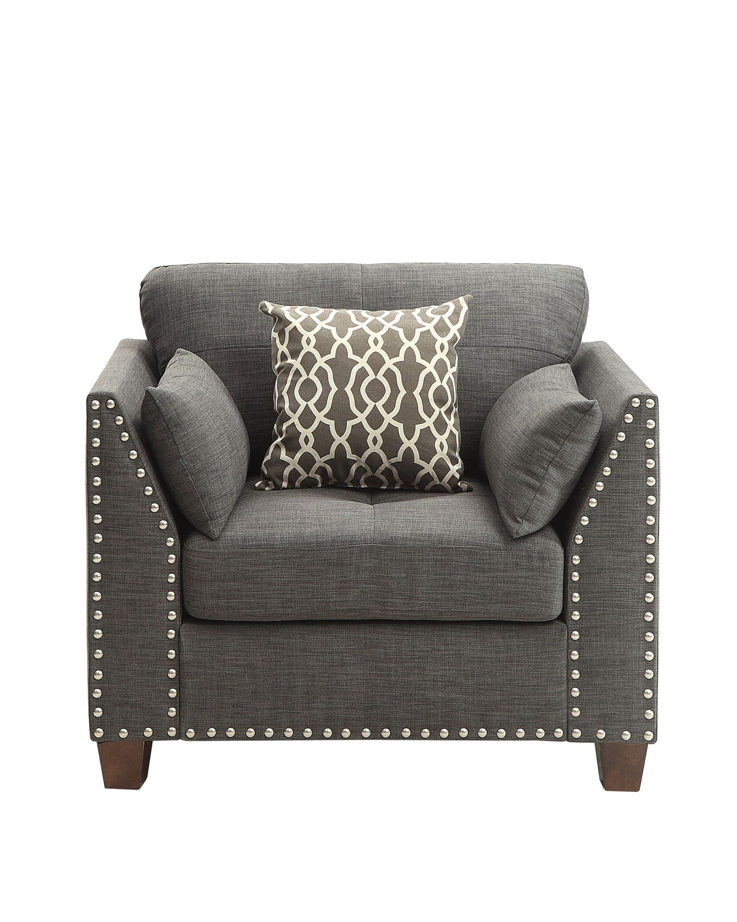 Laurissa arm chair with 3 pillows in light charcoal fabric studded arms by HouseOfZazla on Tampa Home & Garden Store