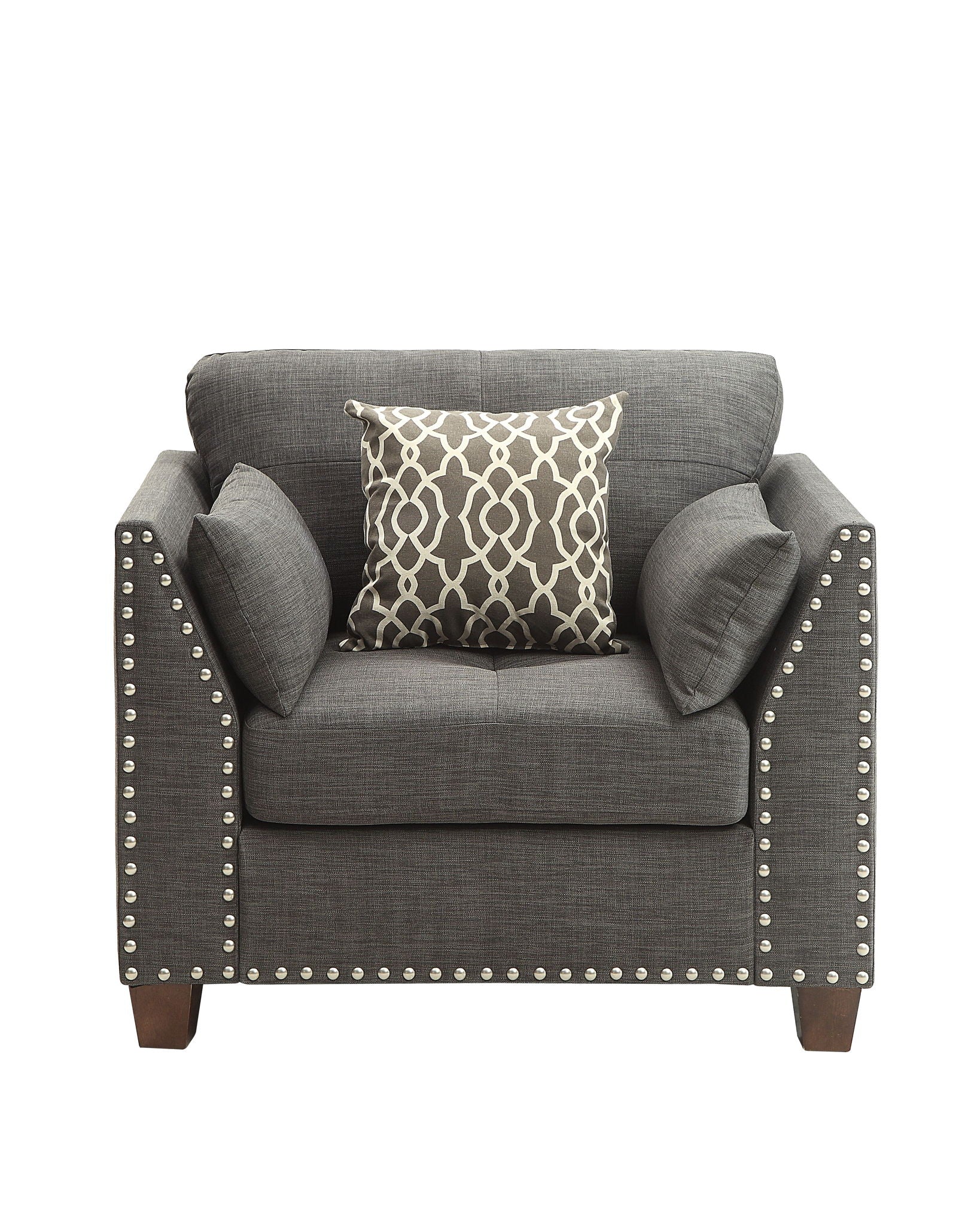 Laurissa arm chair with 3 pillows in light charcoal fabric studded arms by HouseOfZazla on Tampa Home & Garden Store