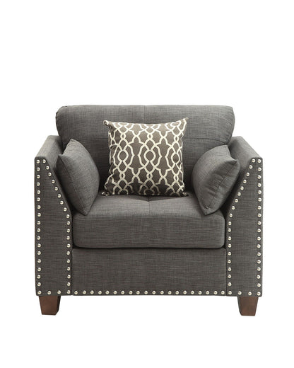 Laurissa arm chair with 3 pillows in light charcoal fabric studded arms by HouseOfZazla on Tampa Home & Garden Store
