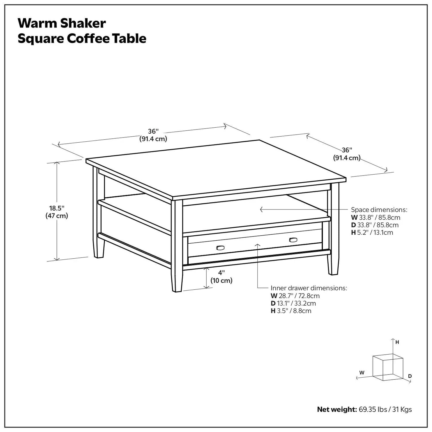 Warm Shaker Square Coffee Table by Unique Piece Furniture with lower shelf and front drawer on Tampa Home & Garden Store