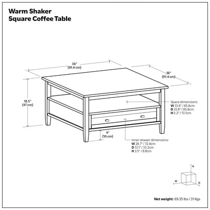 Warm Shaker Square Coffee Table by Unique Piece Furniture with lower shelf and front drawer on Tampa Home & Garden Store