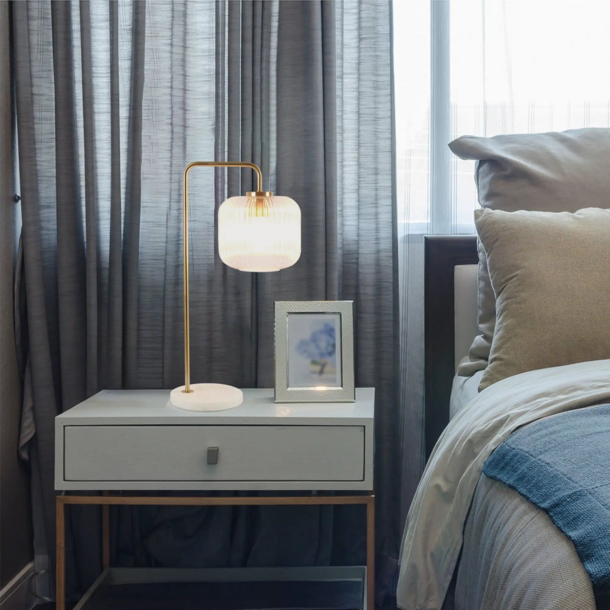 Haven Clear Table Lamp with gold frame, white marble base, white glass shade, button control on Tampa Home & Garden Store