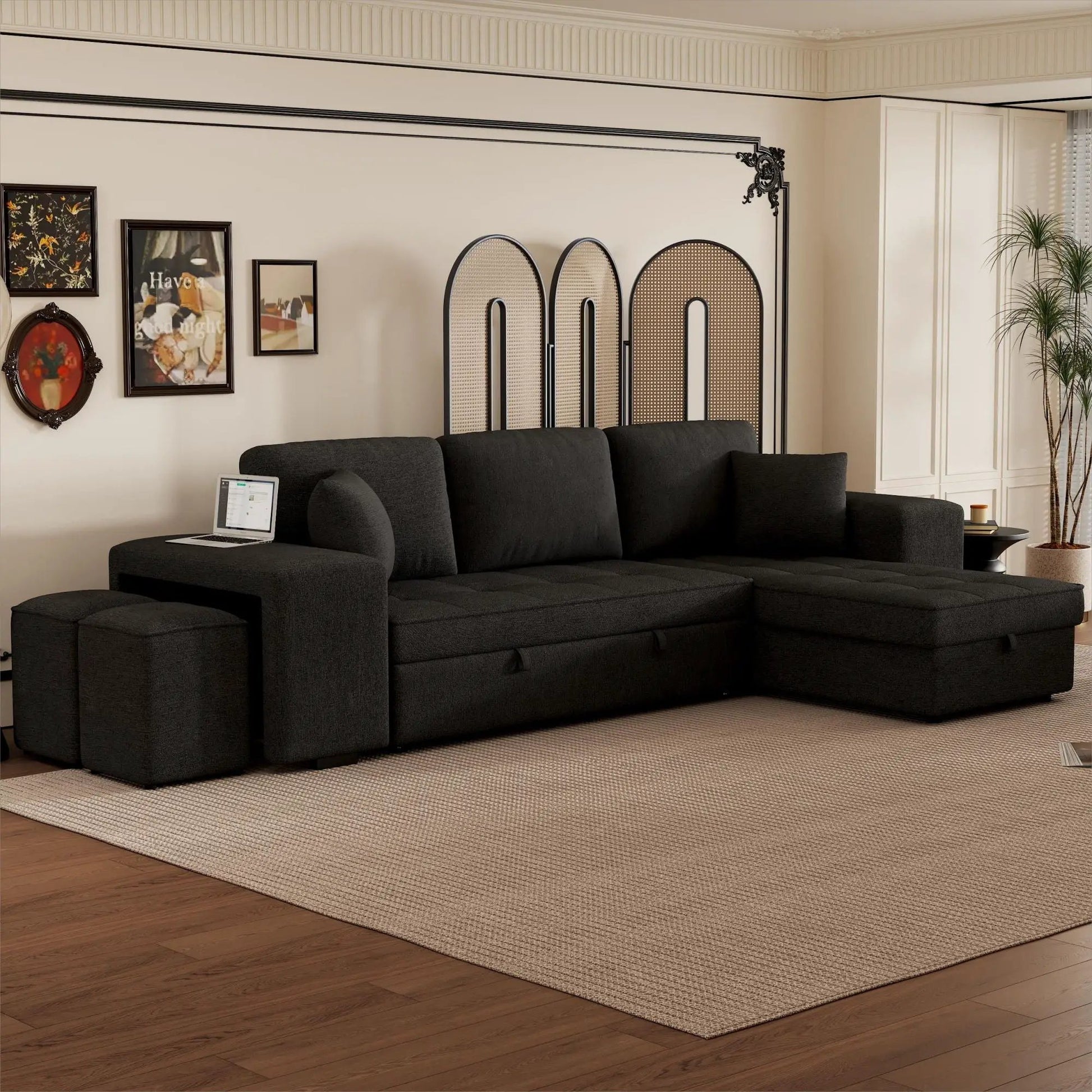 L-shaped 3-seat sleeper sectional sofa in charcoal fabric with chaise by Unique Piece Furniture on Tampa Home & Garden Store