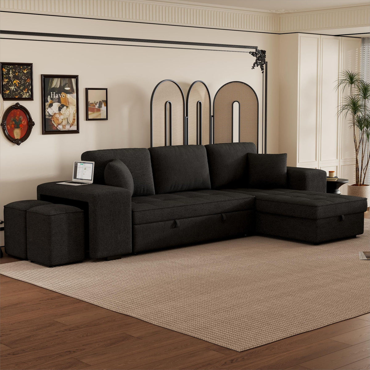 HouseOfZazla modern L-shaped 3-seat sleeper sectional sofa with chaise in charcoal gray fabric on Tampa Home & Garden Store