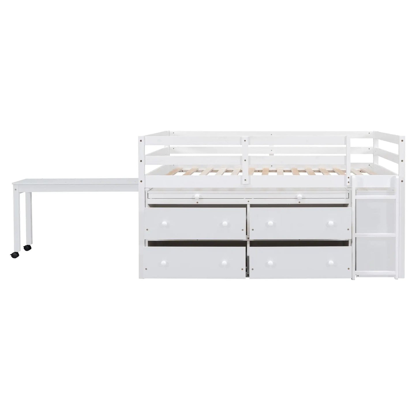 Loft bed with retractable writing desk and drawers in white finish with desk and shelves on Tampa Home & Garden Store