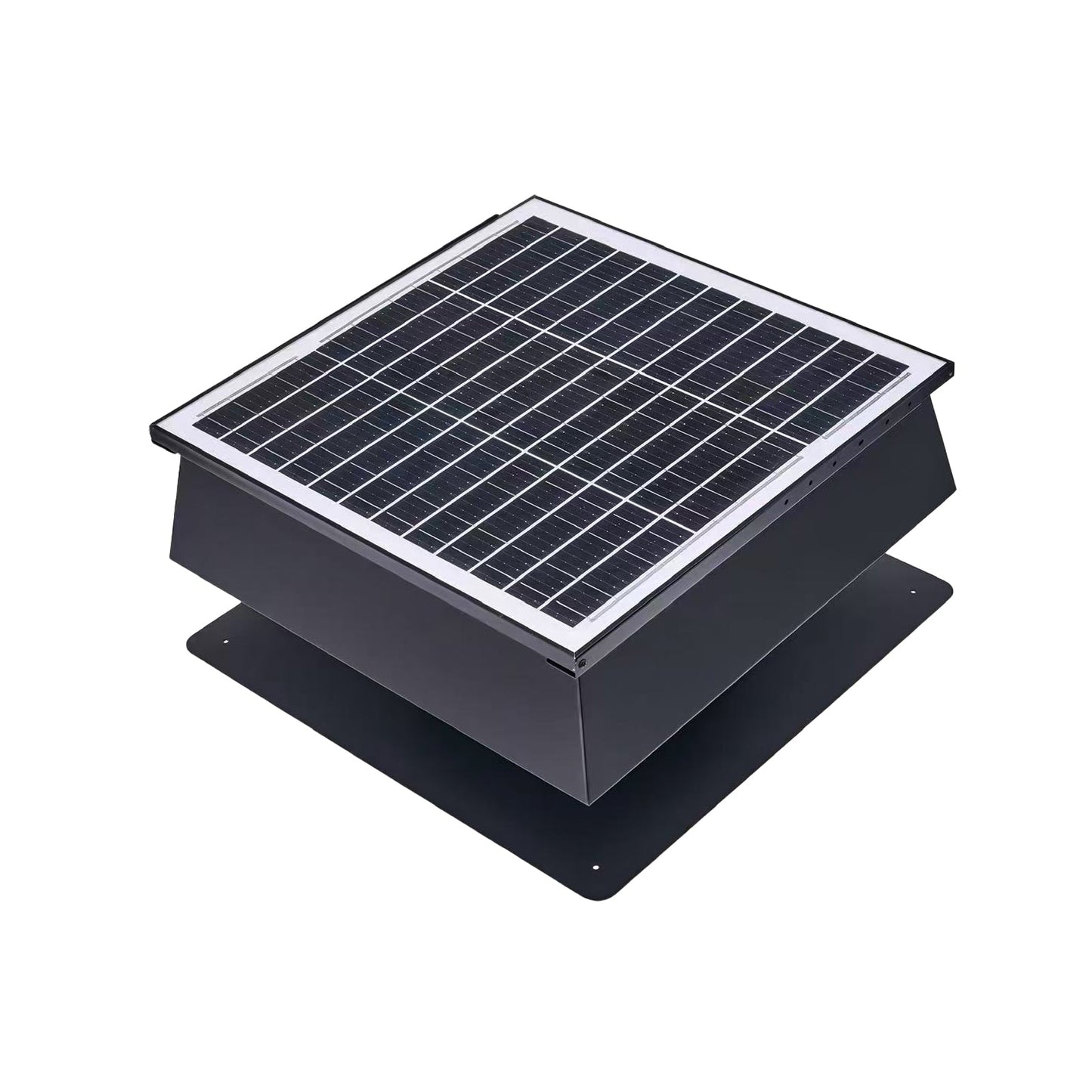 12 Inch Trapezoidal Adjustable Solar Roof Vent Fan with solar panel top and black metal housing on Tampa Home & Garden Store