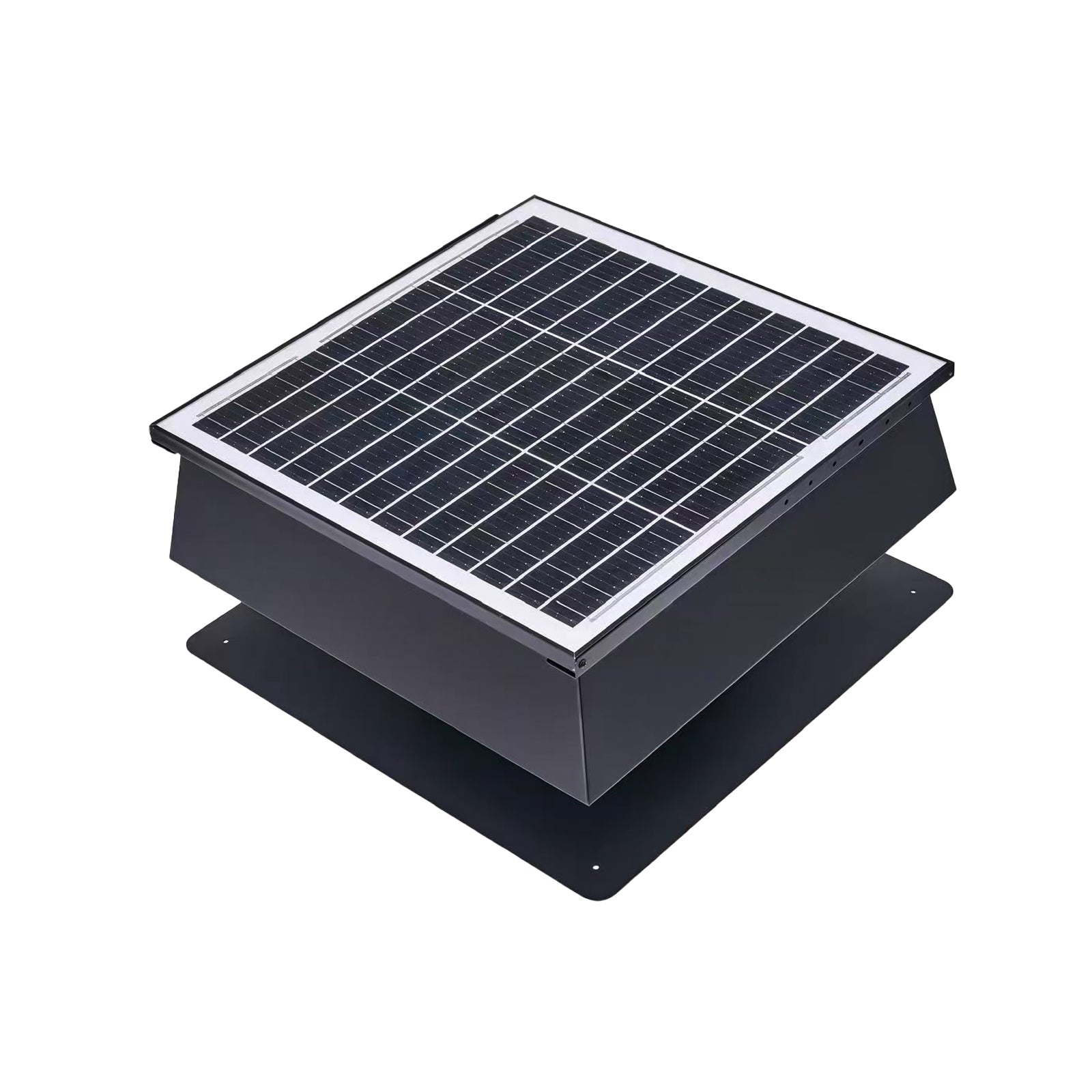 12 Inch Trapezoidal Adjustable Solar Roof Vent Fan with solar panel top and black metal housing on Tampa Home & Garden Store