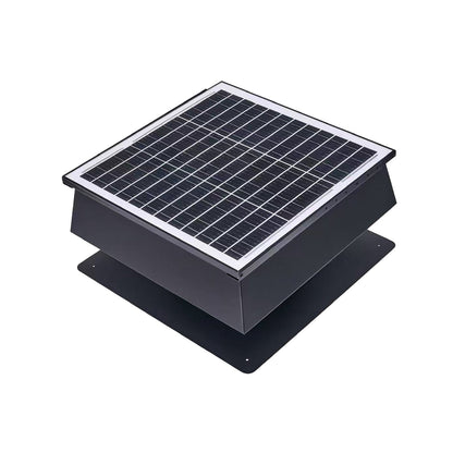 12 Inch Trapezoidal Adjustable Solar Roof Vent Fan with solar panel top and black metal housing on Tampa Home & Garden Store