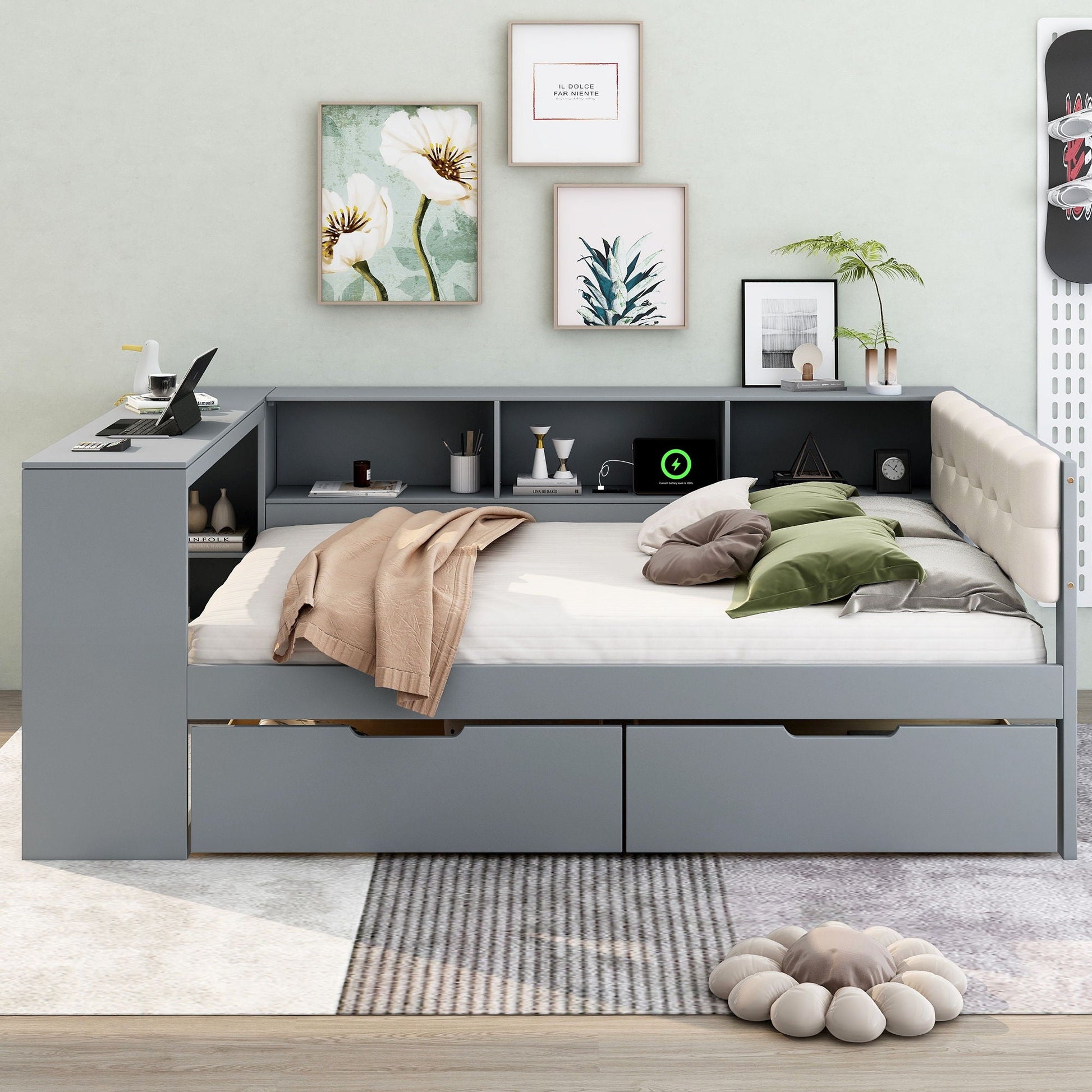 Upholstered headboard platform bed with storage drawers shelves in gray by HouseOfZazla on Tampa Home & Garden Store