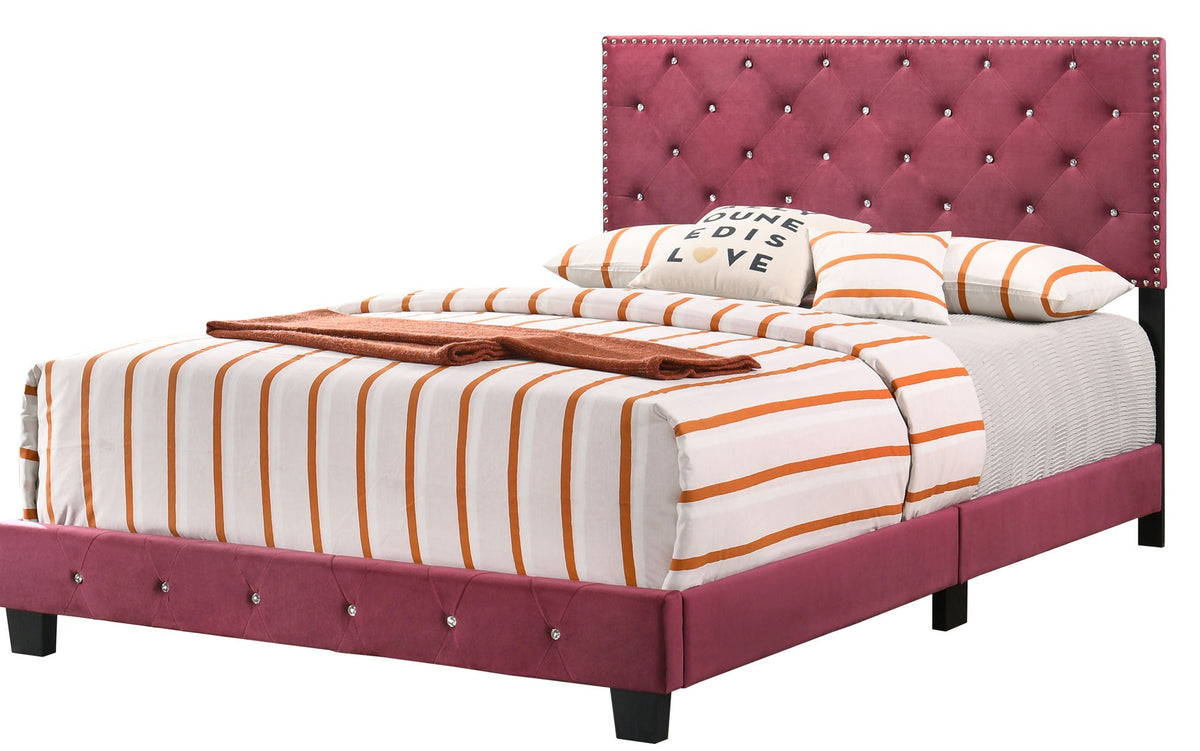 Luxurious Upholstered Bed in magenta velvet with tufted headboard, orange striped bedding on Tampa Home & Garden Store