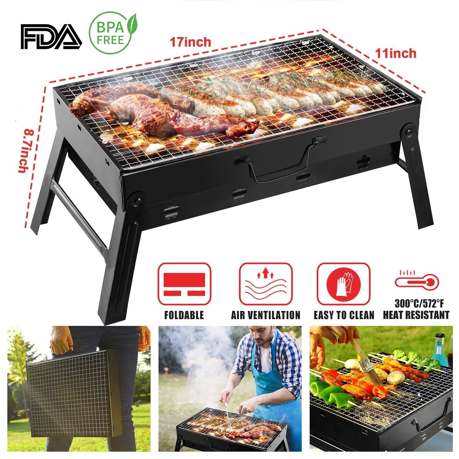 GemGear portable foldable charcoal grill in black with compact legs for camping on Tampa Home & Garden Store