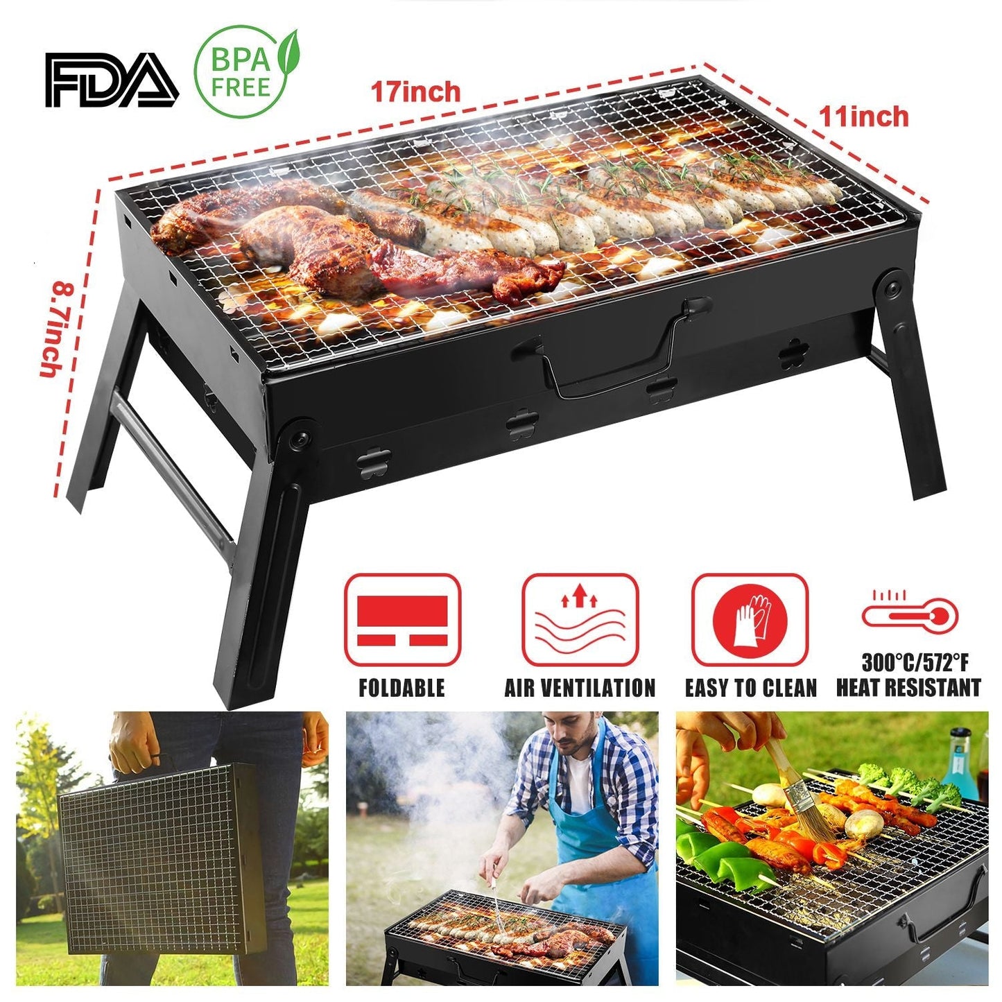 Portable GemGear foldable charcoal BBQ grill with metal legs and wire grate for camping and picnics on Tampa Home & Garden Store