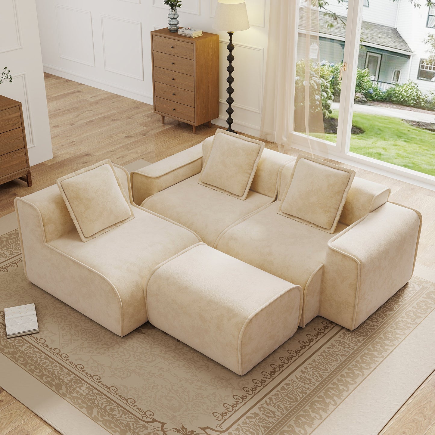 HouseOfZazla beige fabric 3-seat modular L-shaped sectional sofa in a bright living room on Tampa Home & Garden Store