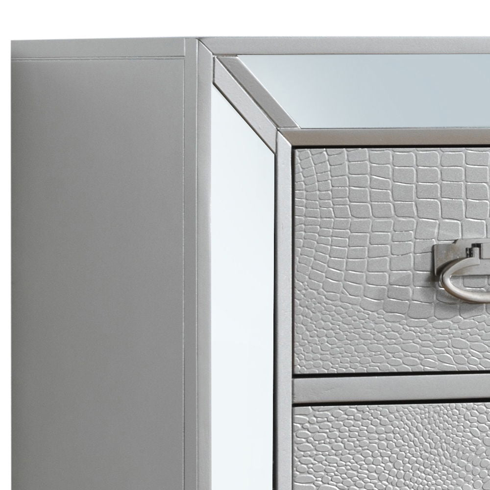 Sleek contemporary storage chest pearl silver finish with hammered-front drawers on Tampa Home & Garden Store